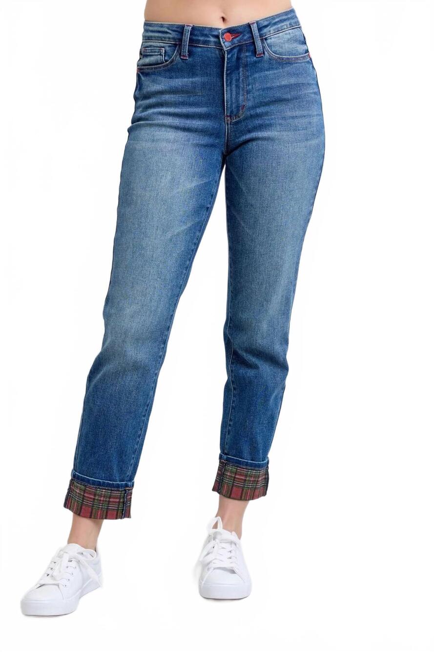 NEW JUDY BLUE best of the plaid boyfriend jeans in medium wash